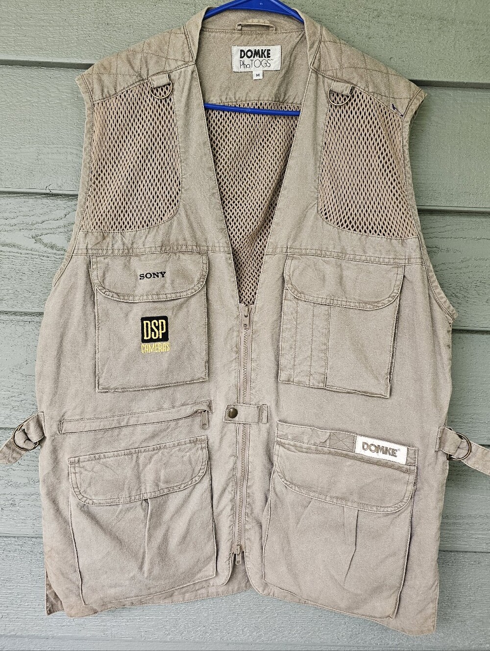 Vtg.DOMKE PhoTOGS Beige Utility Vest with SONY/DSP Cameras Branding Men's Size M